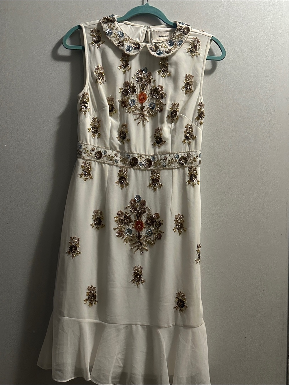 BHLDN Ivory Beaded Sleeveless Midi Dress with Peter Pan Collar - Picture 1 of 9